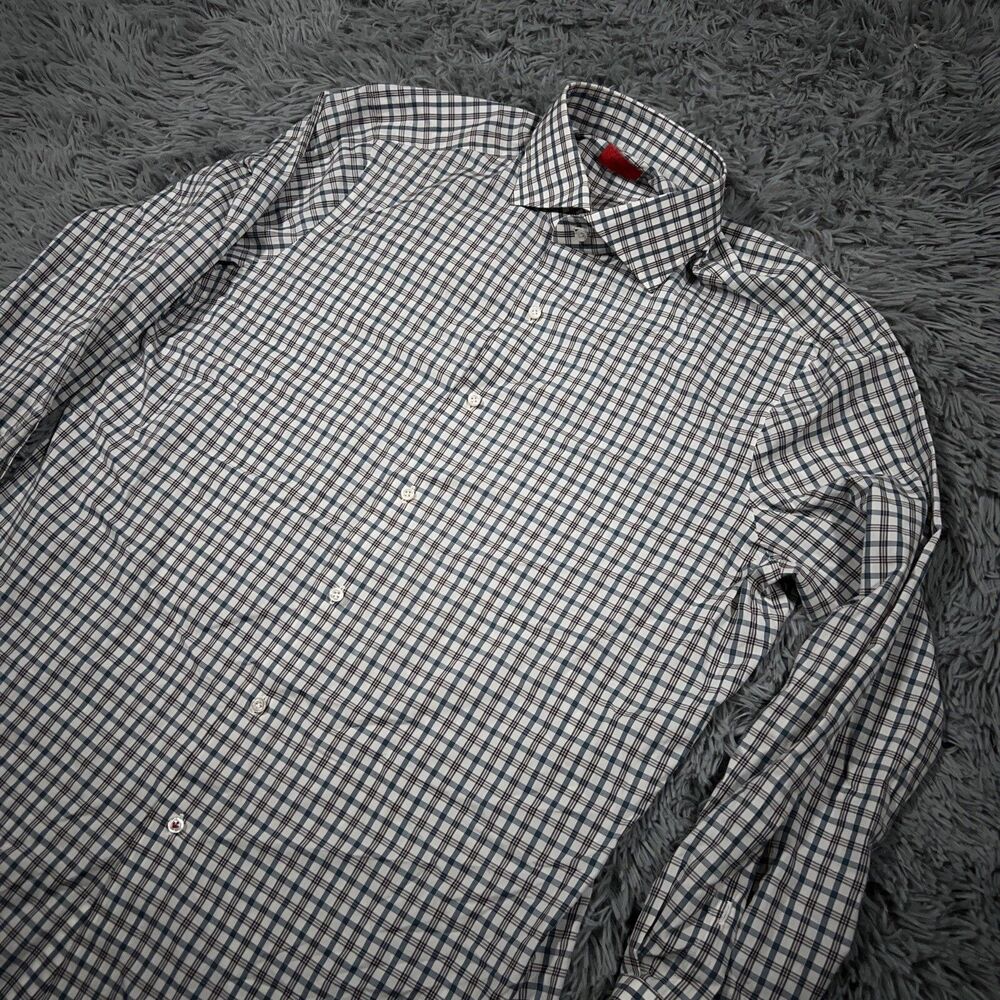 Isaia Napoli Adult Shirt 17 1/2 44 Blue White Button Up Dress Check Preppy Mens